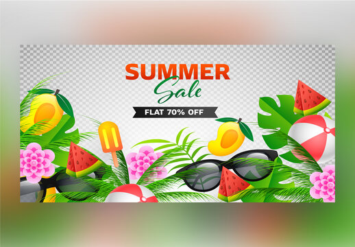 Summer Sale Banner Design with 70% Discount Offer, Realistic Fruit, Goggles, Ice Cream, Beach Ball, Tropical Leaves and Paper Flower
