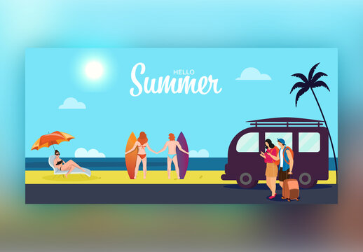 Hello Summer Concept with Character of Swimmer, Surfer, Tourist and Travel Van on Sun Beach Background