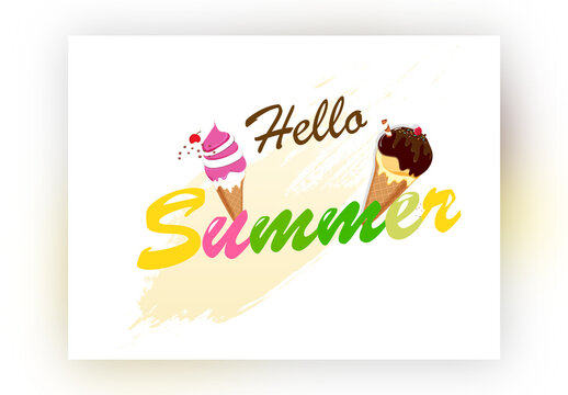 Colorful Hello Summer Font with Ice Cream Cones and Yellow Brush Effect on White Background