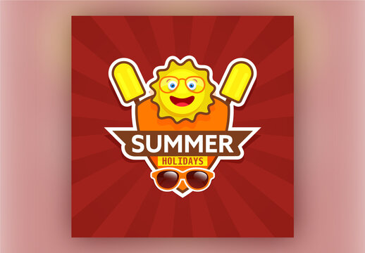 Sticker Style Summer Holiday Badge or Shield with Cartoon Sun, Ice Creams and Goggles on Red Rays Background