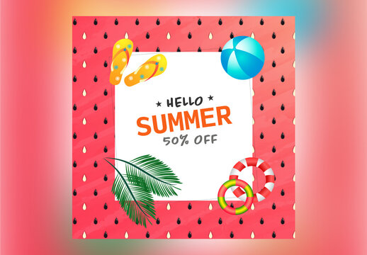 Summer Sale Poster Design with 50% Discount Offer and Beach Elements on Drop Pattern Red Background