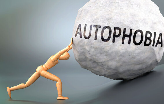Autophobia and painful human condition, pictured as a wooden human figure pushing heavy weight to show how hard it can be to deal with Autophobia in human life, 3d illustration
