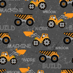 Kids seamless pattern with construction machines.