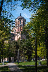 View over an orthodox church from a park in Belgrade, Serbia.