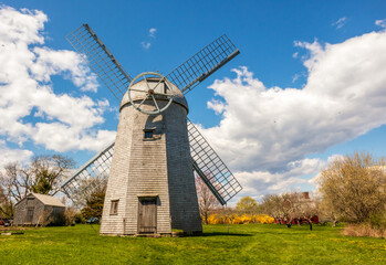 Shingled smock windmill at the Prescott Farm historic site in Middletown, Rhode Island - obrazy, fototapety, plakaty