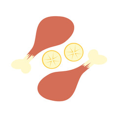 A pair of fried chicken legs with lemon slices. Chicken meat on the bone. Sliced ​​lemon. Isolated Vector illustration.