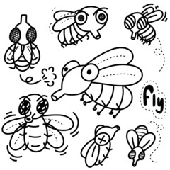 doodle fly vector set
