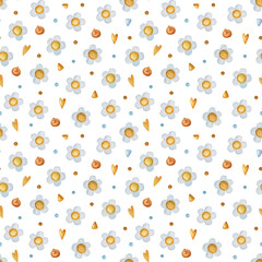 Seamless watercolor pattern with flower and berry on white background. Ideal for postcards, greeting cards, wrapping and other design.