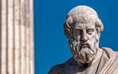 Plato, the ancient Greek philosopher and thinker on blue sky background, space for your text. - obrazy, fototapety, plakaty