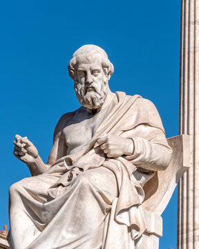 Plato, the ancient Greek philosopher and thinker on blue sky background, space for your text.