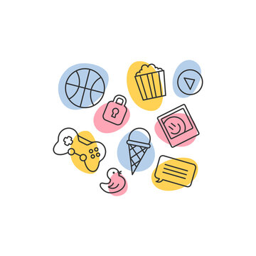 Leisure activities minimalist illustration. Lineart icons. Basketball, popcorn, ice-cream, photography.