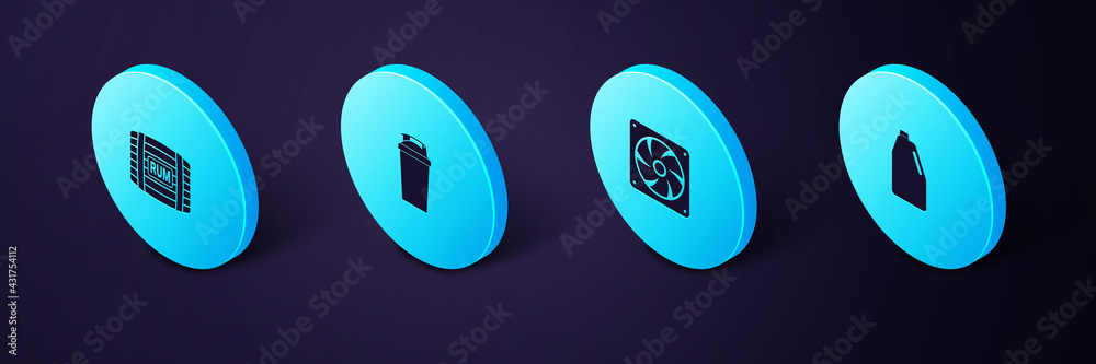 Sticker Set Isometric Household chemicals bottle, Computer cooler, Fitness shaker and Wooden barrel with rum icon. Vector