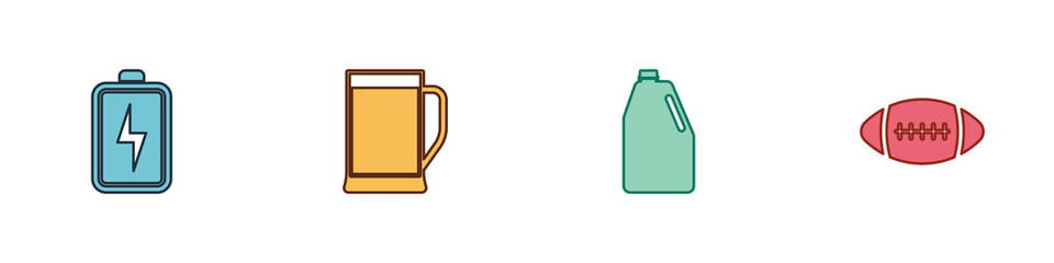 Set Battery, Glass of beer, Household chemicals bottle and American Football ball icon. Vector