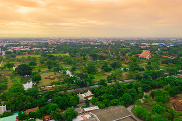 Aerial of Ayutthaya historical park located in Ayutthaya province , Thailand. Ayutthaya Historical Park is a historic site that has been registered as a World Heritage Site.