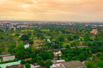 Fototapeta premium Aerial of Ayutthaya historical park located in Ayutthaya province , Thailand. Ayutthaya Historical Park is a historic site that has been registered as a World Heritage Site.