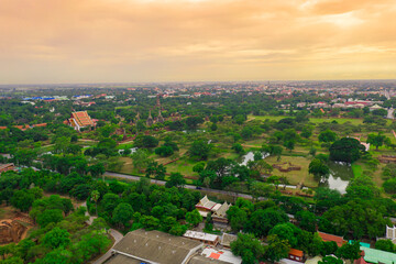 Aerial of Ayutthaya historical park located in Ayutthaya province , Thailand. Ayutthaya Historical Park is a historic site that has been registered as a World Heritage Site.