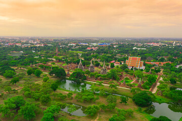Aerial of Ayutthaya historical park located in Ayutthaya province , Thailand. Ayutthaya Historical Park is a historic site that has been registered as a World Heritage Site.