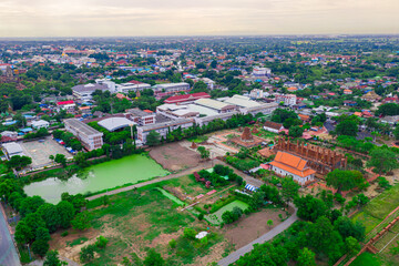 Aerial of Ayutthaya historical park located in Ayutthaya province , Thailand. Ayutthaya Historical Park is a historic site that has been registered as a World Heritage Site.