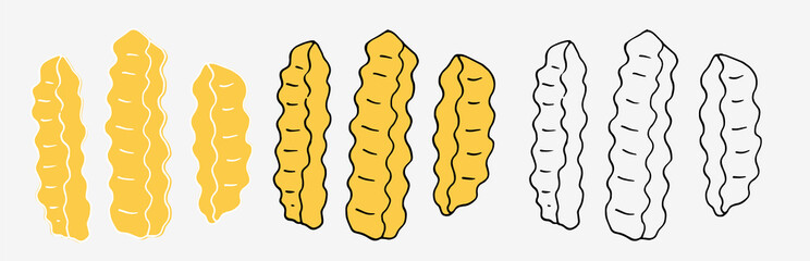 Vector set of isolated elements of corrugated French fries, hand-drawn in the sketch style with a black line and a yellow drawing, for a menu design template, signage, fast food packaging