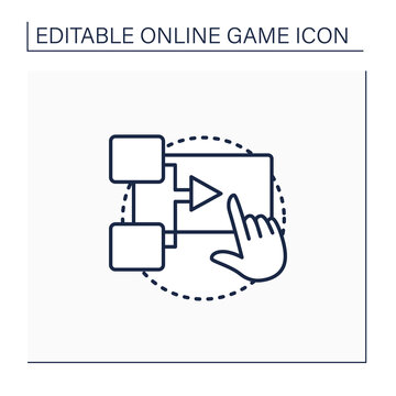 Interactive movie line icon. Presents gameplay in cinematic manner. Actions change game script. Cut scenes stringed.Online game concept. Isolated vector illustration.Editable stroke