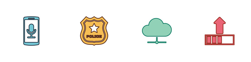Set Mobile recording, Police badge, Network cloud connection and Loading icon. Vector