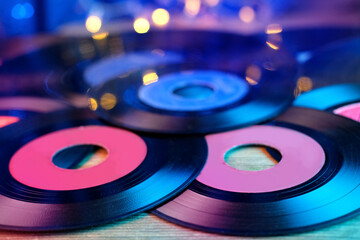 close-up of black vinyl record, analogue retro music concept, audio impressions, relaxation,...