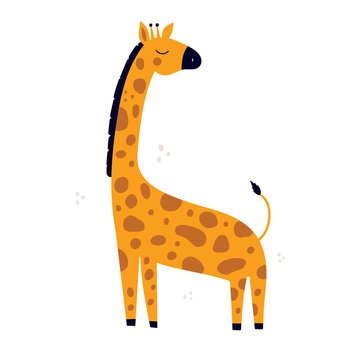 Cute giraffe hand drawn flat vector illustration. African animal cartoon character. Jungle, rainforest, savanna fauna. Print for t-shirt with giraffe in the jungle.