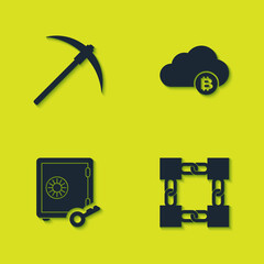 Set Pickaxe, Blockchain technology, Proof of stake and Cryptocurrency cloud mining icon. Vector
