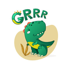 Cute dinosaur cartoon vector illustration. Kids Design for print, poster, invitation, t-shirt and badges.