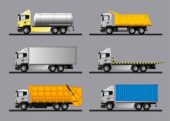 Variants of modern European trucks for the transport of various goods. Vector flat illustration.