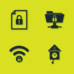 Set Document and lock, Retro wall watch, Wifi locked and FTP folder icon. Vector