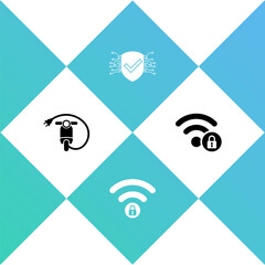 Set Electric scooter, Wifi locked, Cyber security and icon. Vector