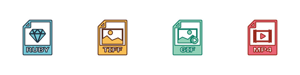 Set RUBY file document, TIFF, GIF and MP4 icon. Vector