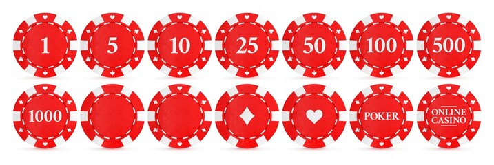 Red gambling chips isolated on white background. Casino tokens, coins with playing cards symbols diamonds, spades, clubs and hearts. Numbers. 3D illustration