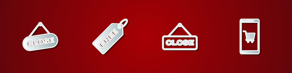 Set Hanging sign with Close, Price tag Free, and Mobile and shopping cart icon. Vector