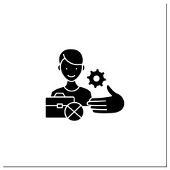 Unemployment services glyph icon. Service to protect employees.Help with finding job. Employment center. Worker support concept. Filled flat sign. Isolated silhouette vector illustration