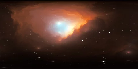 360 Grad interstellare Wolke aus Staub und Gas. Weltraumhintergrund mit Nebel und Sternen. Glühender Nebel, gleichwinklige Projektion, Umgebungskarte. Sphärisches HDRI-Panorama © Peter Jurik
