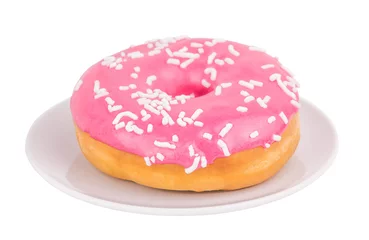 Fototapete Süße Monster Rosa Donut auf einem Teller isoliert auf weißem Hintergrund