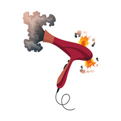 Broken home appliances. Damaged hair dryer. Domestic icon isolated on white. Burning electronics. Homeappliances or burnt electrical household equipment in fire