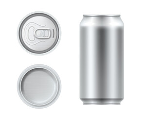 Realistic silver 3d aluminum can vector illustration. Empty glossy metal pack for liquid beverages