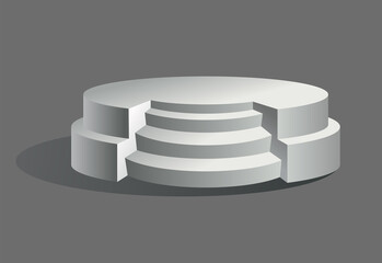 Podium realistic. Showroom pedestal, floor stage platform vector isolated mockup. 3D realistic round empty podium with steps. Concept of showcase for product, promotion sale or presentation