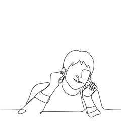 man smiling with fingers in his ears - one line drawing. concept of information detox, rejection of social networks, abandonment of gadgets, breaking off toxic relationships (connections, contacts)