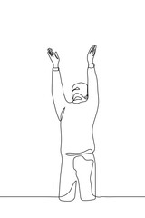 man raised his hands up above his head, his face turned to the sky - one line drawing vector. the concept of prayer, desperate cry, request for clemency