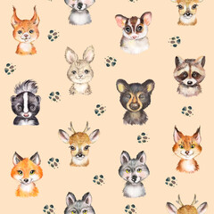 Watercolor seamless pattern with forest animals, baby linen pattern, cute animals, nursery pattern