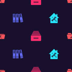 Set House service, Office folders, Drawer with documents and Folder on seamless pattern. Vector