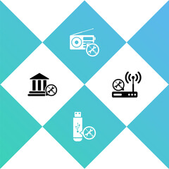 Set Bank building service, USB flash drive, Radio and Router wi-fi icon. Vector