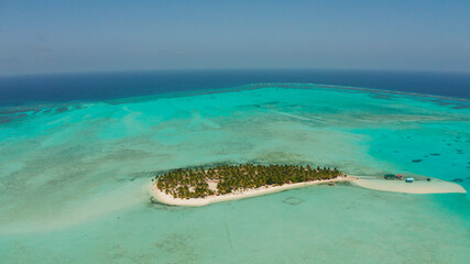 Sand beach and tropical islands by atoll with coral reef, top view. Onok Island, Balabac, Philippines. Summer and travel vacation concept