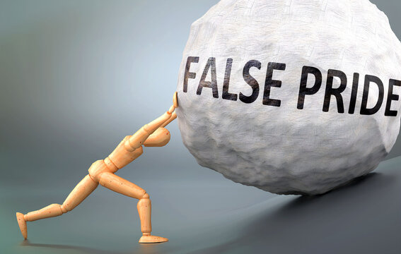 False pride and painful human condition, pictured as a wooden human figure pushing heavy weight to show how hard it can be to deal with False pride in human life, 3d illustration