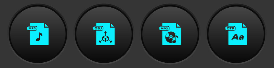 Set MP3 file document, OBJ, and OTF icon. Vector