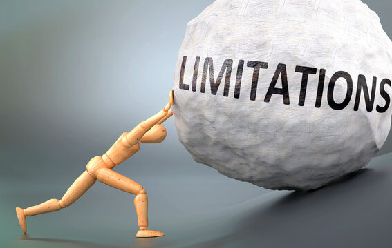 Limitations and painful human condition, pictured as a wooden human figure pushing heavy weight to show how hard it can be to deal with Limitations in human life, 3d illustration